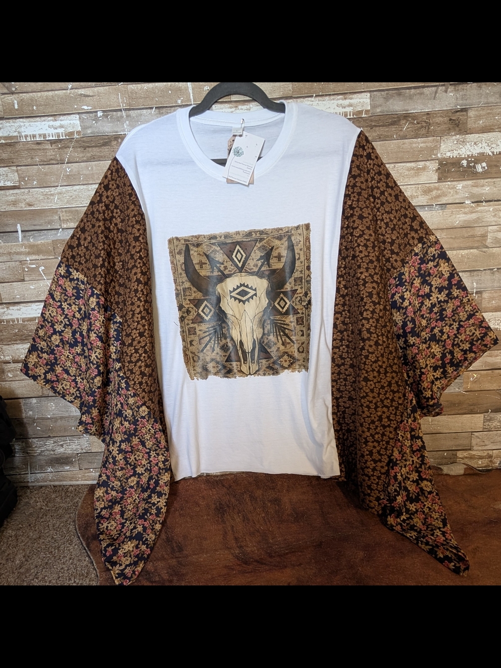 Boho Bull Graphic W Mixed Print Bat Winged Sleeves Poncho Style